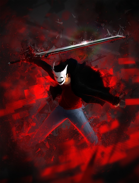 Anime picture 1640x2164 with original black joker hikaruga single tall image short hair black hair smile joker boy weapon sword jacket mask jeans blue jeans