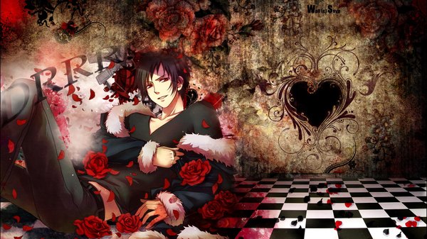 Anime picture 1920x1080 with durarara!! brains base (studio) orihara izaya snyp (r0pyns) single highres short hair black hair red eyes wide image light smile reclining checkered floor abstract boy flower (flowers) petals jacket heart fur