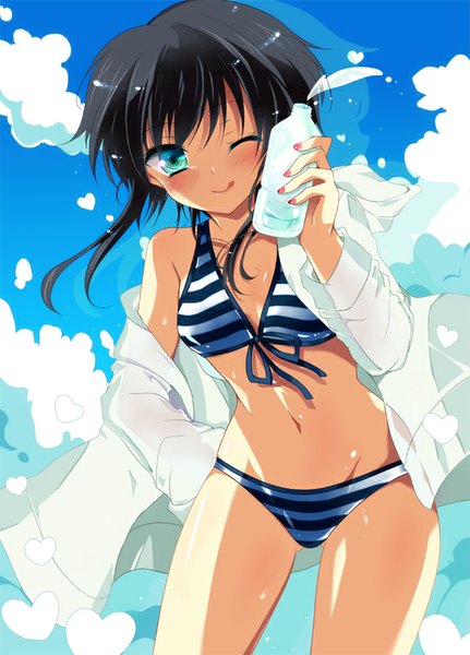 Anime picture 582x809 with original ichiyou moka single long hair tall image blush blue eyes black hair smile sky cloud (clouds) nail polish one eye closed wink open clothes open shirt groin licking girl navel
