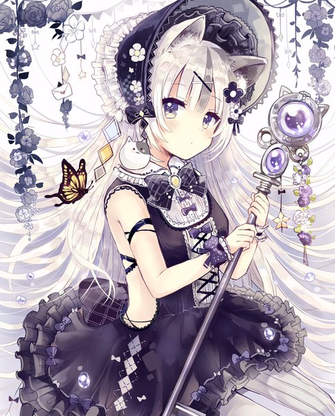 Anime picture 1652x2048 with original sakura oriko single tall image looking at viewer blush fringe simple background white background sitting holding animal ears silver hair tail blunt bangs very long hair animal tail cat ears cat girl cat tail