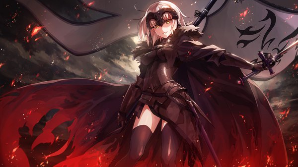 Anime picture 2000x1125 with fate (series) fate/grand order jeanne d'arc (fate) (all) jeanne d'arc alter (fate) k-me single looking at viewer highres short hair wide image yellow eyes sky silver hair ahoge from below shaded face girl thighhighs weapon black thighhighs