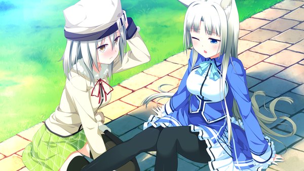 Anime picture 1280x720 with endless dungeon nico temple lince whitecastle kinta (distortion) long hair blush blue eyes wide image multiple girls animal ears yellow eyes game cg white hair one eye closed wink cat ears girl dress 2 girls pantyhose
