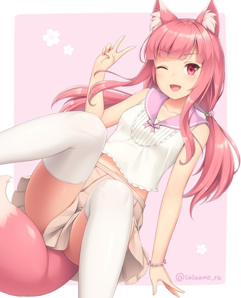 Anime picture 850x1050 with original sasaame single long hair tall image looking at viewer blush fringe open mouth light erotic simple background smile red eyes twintails bare shoulders signed animal ears payot pink hair bent knee (knees)