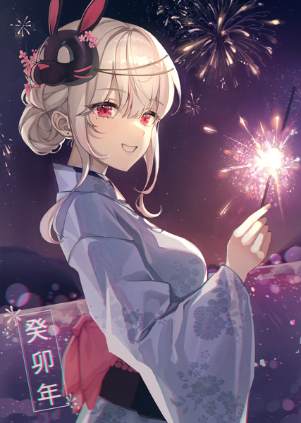 Anime picture 1639x2304 with original eunyoo single tall image looking at viewer blush fringe short hair breasts blonde hair smile hair between eyes red eyes holding payot outdoors traditional clothes japanese clothes night mole