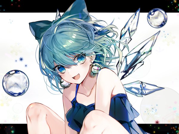 Anime picture 2000x1500 with touhou cirno renkarua single looking at viewer fringe highres short hair open mouth blue eyes hair between eyes :d green hair lips letterboxed outside border girl bow hair bow earrings