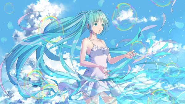 Anime picture 1000x563 with vocaloid hatsune miku suishougensou single open mouth wide image twintails very long hair aqua eyes aqua hair girl dress sundress bubble (bubbles)