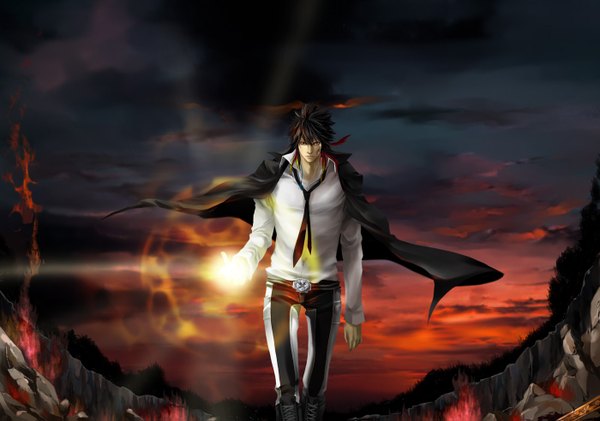 Anime picture 1400x983 with katekyou hitman reborn xanxus mushikago (artist) black hair sky evening sunset scenic clothes on shoulders varia boy necktie