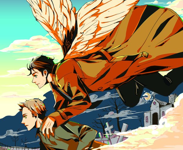 Anime picture 1447x1188 with supernatural: the animation dean winchester castiel short hair blonde hair brown hair green eyes cloud (clouds) profile aqua eyes night multiple boys hug flying angel wings crescent angel dust boy wings