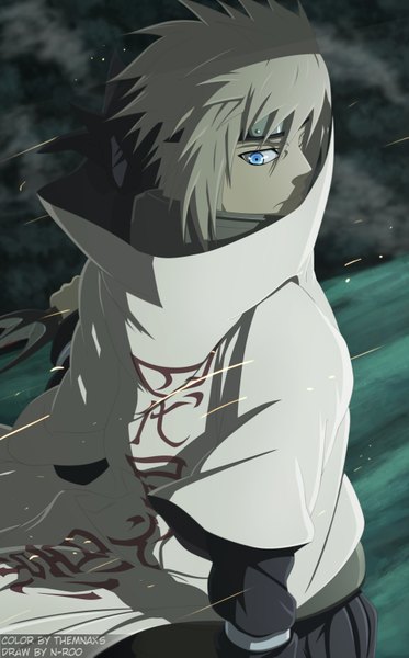 Anime picture 2000x3211 with naruto studio pierrot naruto (series) namikaze minato themnaxs single tall image highres short hair blue eyes blonde hair looking back from above coloring hokage boy weapon cloak bandana kunai