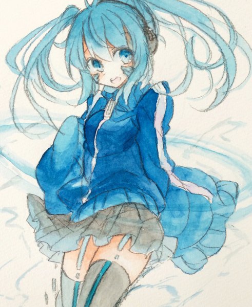 Anime picture 1535x1876 with kagerou project shaft (studio) ene (kagerou project) fina (sa47rin5) single long hair tall image blush open mouth blue eyes white background twintails blue hair looking away long sleeves traditional media watercolor (medium) girl thighhighs black thighhighs