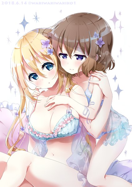 Anime picture 800x1132 with blend s a-1 pictures hinata kaho hoshikawa mafuyu neki (wakiko) long hair tall image blush fringe short hair breasts blue eyes light erotic blonde hair hair between eyes brown hair large breasts sitting purple eyes twintails