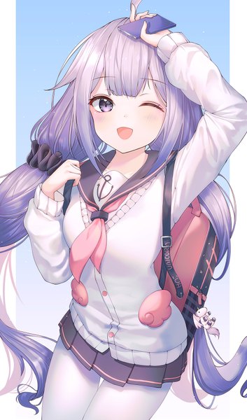 Anime picture 1000x1697 with azur lane unicorn (azur lane) unicorn (amusement park date) (azur lane) paya (aejx2345) single long hair tall image looking at viewer blush fringe open mouth simple background smile standing twintails purple eyes holding payot purple hair pleated skirt