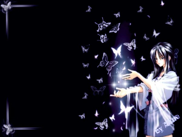 Anime picture 1024x768 with long hair black background girl insect butterfly