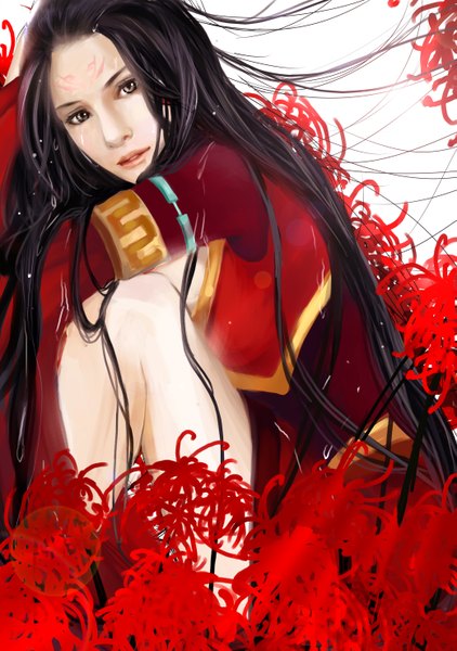 Anime picture 2079x2953 with gu jian qi tan tagme (character) object spring single long hair tall image highres black hair lips black eyes realistic facial mark girl flower (flowers) higanbana