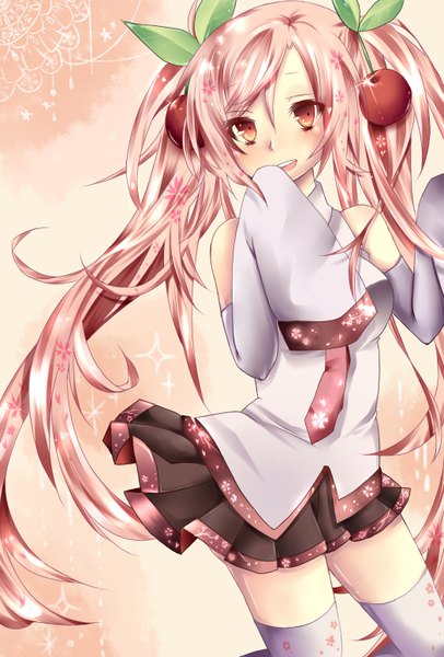 Anime picture 1050x1550 with vocaloid hatsune miku sakura miku our turf single long hair tall image red eyes twintails pink hair girl thighhighs skirt detached sleeves miniskirt white thighhighs necktie food berry (berries) cherry