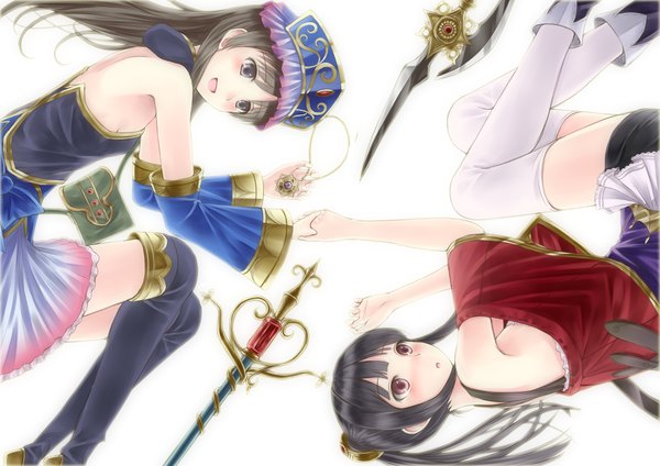 Anime picture 1500x1060 with atelier (series) gust (company) totooria helmold mimi houllier von schwarzlang kino (kino buro) long hair blush open mouth black hair simple background red eyes white background twintails bare shoulders multiple girls light smile black eyes sleeveless holding hands girl
