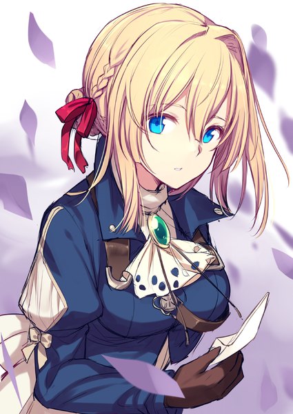 Anime picture 906x1280 with violet evergarden kyoto animation violet evergarden (character) hiraga matsuri single tall image looking at viewer fringe short hair blue eyes blonde hair hair between eyes upper body girl gloves ribbon (ribbons) hair ribbon petals ascot brooch