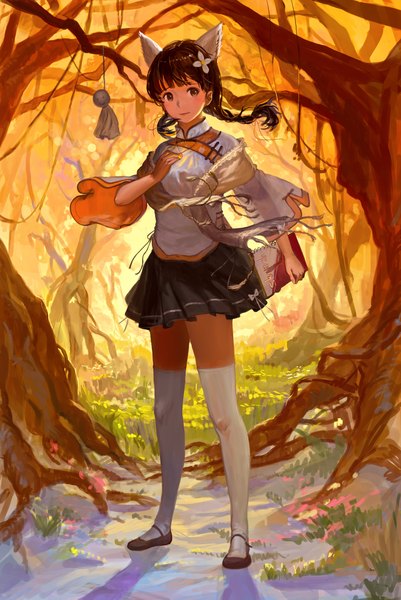 Anime picture 1500x2243 with original november (jeanex) single long hair tall image looking at viewer brown hair brown eyes animal ears braid (braids) hair flower girl thighhighs dress hair ornament flower (flowers) plant (plants) white thighhighs tree (trees) sketchbook