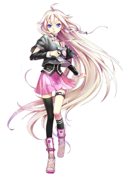 Anime picture 1000x1438 with vocaloid ia (vocaloid) single long hair tall image highres blue eyes blonde hair white background bare shoulders ahoge braid (braids) twin braids girl thighhighs skirt socks boots single thighhigh pink skirt