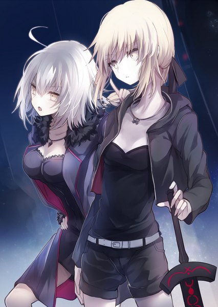 Anime picture 1179x1660 with fate (series) fate/grand order fate/stay night fate/apocrypha artoria pendragon (all) jeanne d'arc (fate) (all) jeanne d'arc alter (fate) saber alter tare nu (usesase) tall image fringe short hair blonde hair hair between eyes multiple girls holding yellow eyes payot looking away silver hair