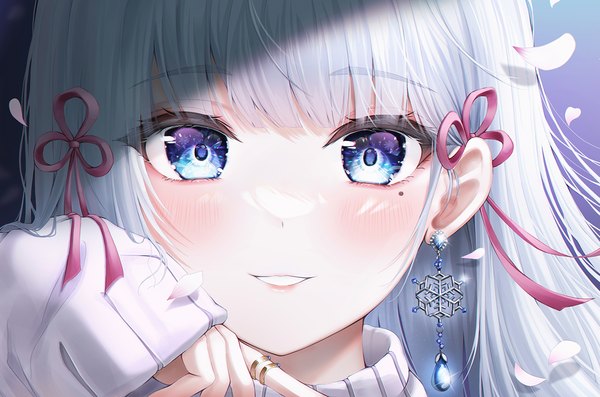 Anime picture 1361x900 with genshin impact kamisato ayaka wol (wol 927) single long hair looking at viewer blush fringe blue eyes smile silver hair blunt bangs long sleeves parted lips mole sparkle mole under eye cherry blossoms sleeves past wrists alternate hairstyle