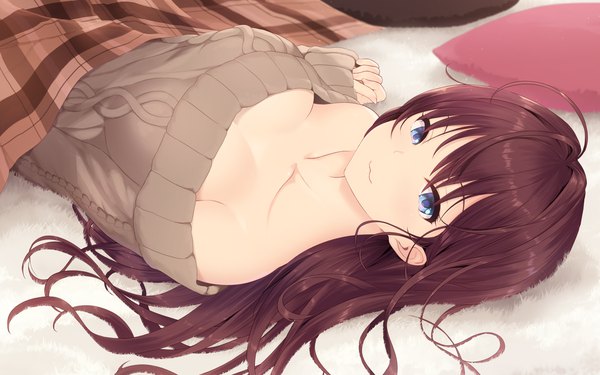 Anime picture 1920x1200 with idolmaster idolmaster cinderella girls ichinose shiki cait single long hair looking at viewer fringe highres breasts blue eyes light erotic brown hair bare shoulders cleavage ahoge lying off shoulder no bra on back