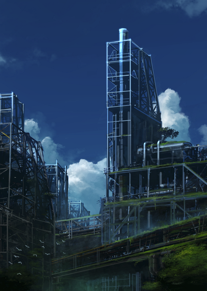 Anime picture 600x840 with original ac (eshi) tall image sky cloud (clouds) no people ruins abandoned plant (plants) animal bird (birds) building (buildings)