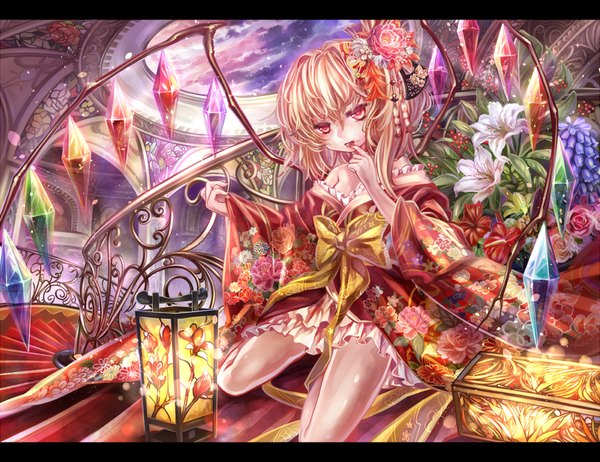Anime picture 1000x770 with touhou flandre scarlet torino aqua single long hair blonde hair red eyes bare shoulders sky cloud (clouds) traditional clothes japanese clothes hair flower finger to mouth letterboxed girl hair ornament flower (flowers) wings frills