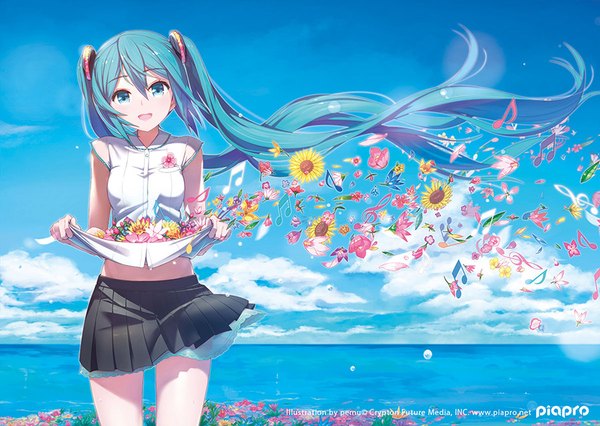 Anime picture 900x639 with vocaloid hatsune miku pemu single long hair looking at viewer fringe open mouth blue eyes smile hair between eyes standing twintails holding signed payot blue hair sky cloud (clouds) pleated skirt