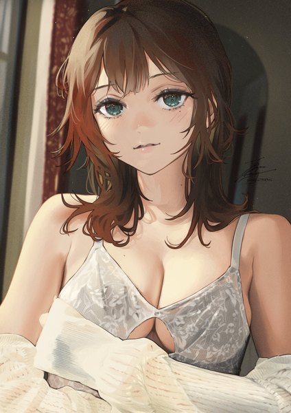 Anime-Bild 2896x4096 mit original fadingz single long hair tall image looking at viewer blush fringe highres breasts light erotic brown hair large breasts bare shoulders signed cleavage upper body indoors long sleeves parted lips