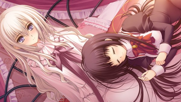 Anime picture 1024x576 with otome wa boku ni koishiteru otome wa boku ni koishiteru futari no elder kisakinomiya chihaya black hair blonde hair wide image purple eyes game cg otoko no ko girl boy serafuku