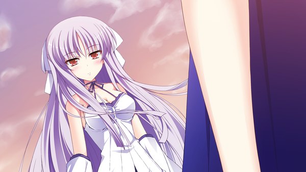 Anime picture 1280x720 with atled everlasting song long hair blush red eyes wide image game cg silver hair girl dress