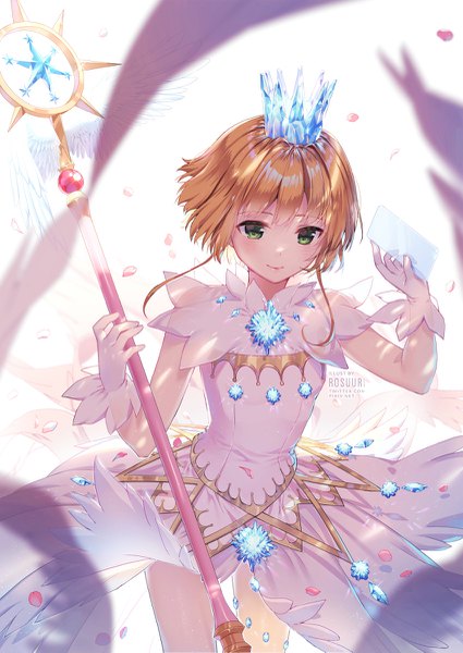 Anime picture 850x1201 with card captor sakura clamp kinomoto sakura rosuuri single tall image fringe short hair brown hair white background holding green eyes signed payot light smile short sleeves looking down light magical girl girl