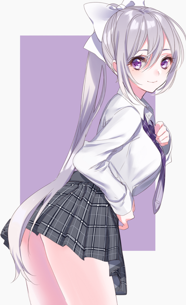 Anime picture 610x1000 with virtual youtuber nijisanji higuchi kaede sinsihukunokonaka single long hair tall image looking at viewer fringe light erotic hair between eyes purple eyes silver hair ponytail pleated skirt mole leaning leaning forward mole under eye plaid skirt