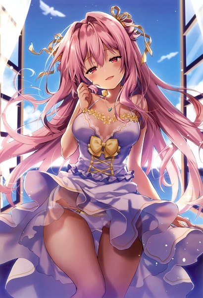 Anime picture 2259x3300 with melonbooks riichu single long hair tall image looking at viewer blush fringe highres breasts open mouth light erotic hair between eyes red eyes standing pink hair sky cleavage cloud (clouds) head tilt