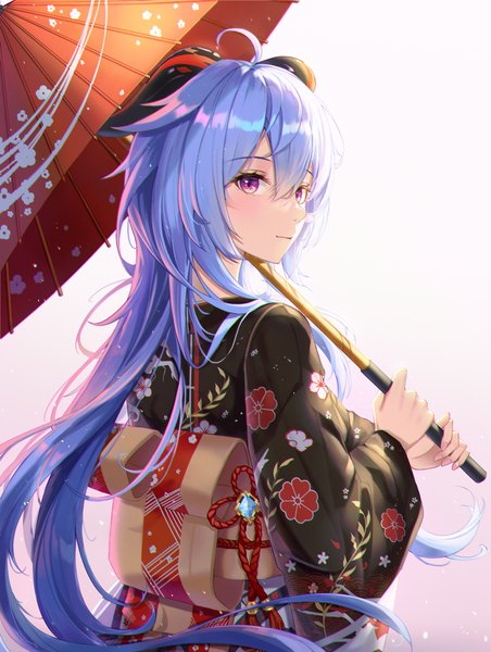 Anime picture 2967x3935 with genshin impact ganyu (genshin impact) fall (aki) single long hair tall image blush fringe highres simple background hair between eyes standing purple eyes holding blue hair ahoge traditional clothes japanese clothes looking back horn (horns)