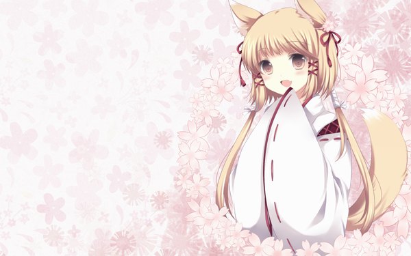 Anime picture 1920x1200 with takase kanan highres wide image japanese clothes wallpaper fox girl miko hands in sleeves girl