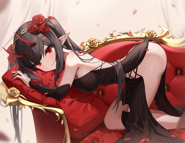 Anime picture 1298x1000 with original kira (kira78718520) single long hair looking at viewer blush fringe breasts light erotic black hair smile red eyes large breasts twintails bare shoulders payot bent knee (knees) ass head tilt hair flower