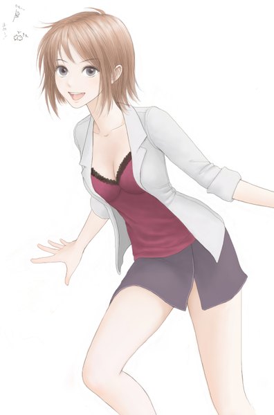 Anime picture 1147x1735 with original erurodo (artist) single tall image looking at viewer short hair open mouth simple background smile brown hair white background open clothes grey eyes open shirt twisty sleeves girl skirt shirt