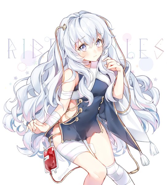 Anime picture 884x971 with girls frontline ribeyrolles 1918 (girls frontline) pingo single long hair tall image looking at viewer blush fringe light erotic hair between eyes white background purple eyes silver hair character names girl star (symbol) blood bandage (bandages) tassel