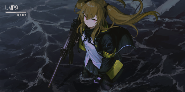 イラスト 1280x640 と ドールズフロントライン ump9 (girls frontline) hn kn ソロ 長髪 カメラ目線 前髪 hair between eyes 赤い目 茶色の髪 wide image ツインテール outdoors pleated skirt from above 風 open jacket character names partially submerged 女の子