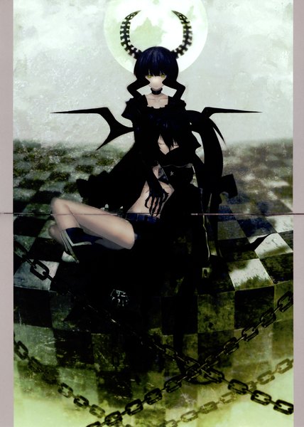 Anime picture 2998x4200 with black rock shooter black rock shooter (character) dead master long hair tall image highres twintails multiple girls green eyes horn (horns) scan checkered floor girl 2 girls wings shorts boots moon chain full moon