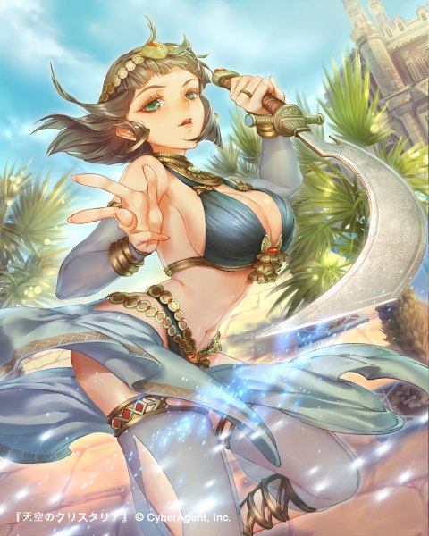 Anime picture 960x1200 with original esha single tall image looking at viewer short hair breasts open mouth blue eyes light erotic brown hair large breasts midriff girl navel hair ornament weapon sword