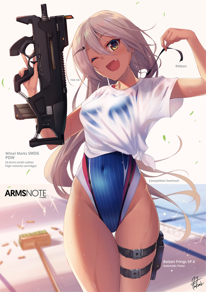 Anime picture 810x1150 with arms note kouhai (fukai ryousuke) fukai ryosuke single long hair tall image looking at viewer fringe breasts open mouth light erotic hair between eyes standing holding signed yellow eyes head tilt one eye closed grey hair fang (fangs)