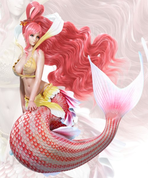 Anime picture 2176x2611 with one piece toei animation shirahoshi ikedan single long hair tall image highres blue eyes light erotic pink hair lips realistic zoom layer fish tail girl navel