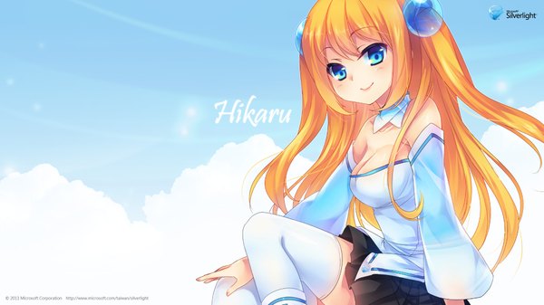 Anime picture 1920x1080 with microsoft aizawa hikaru shinia long hair looking at viewer highres blue eyes blonde hair smile wide image sitting bare shoulders two side up girl thighhighs skirt hair ornament detached sleeves miniskirt white thighhighs