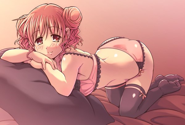 Anime picture 1632x1104 with e20 blush light erotic simple background red eyes pink hair hair bun (hair buns) underwear only girl thighhighs underwear panties black thighhighs