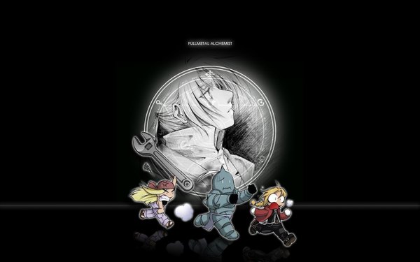 Anime picture 1440x900 with fullmetal alchemist studio bones edward elric alphonse elric winry rockbell wide image chibi