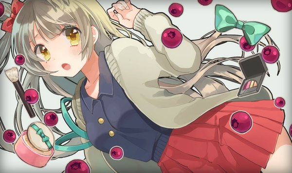 Anime picture 1680x1000 with love live! school idol project sunrise (studio) love live! minami kotori shigure ui single long hair looking at viewer blush open mouth wide image yellow eyes payot pleated skirt grey hair :o one side up floating hair outline girl
