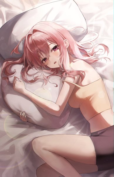 Anime picture 2515x3886 with original chabi single long hair tall image looking at viewer blush fringe highres breasts open mouth hair between eyes purple eyes pink hair bent knee (knees) lying midriff turning head on side strap slip
